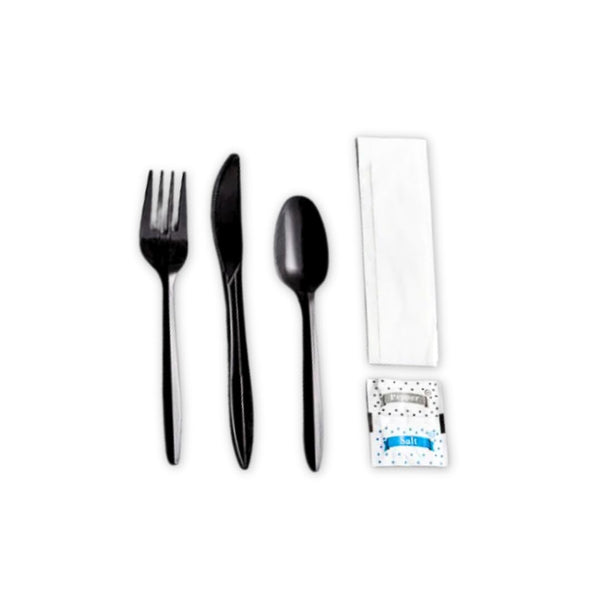 Global Basics Disposable Plastic Cutlery Packs | 125 Individually Wrapped White Plastic Cutlery Sets | Includes Knife, Fork, Spoon, Napkin and Salt & Pepper Packets | 125 Total (125, White Plastic)