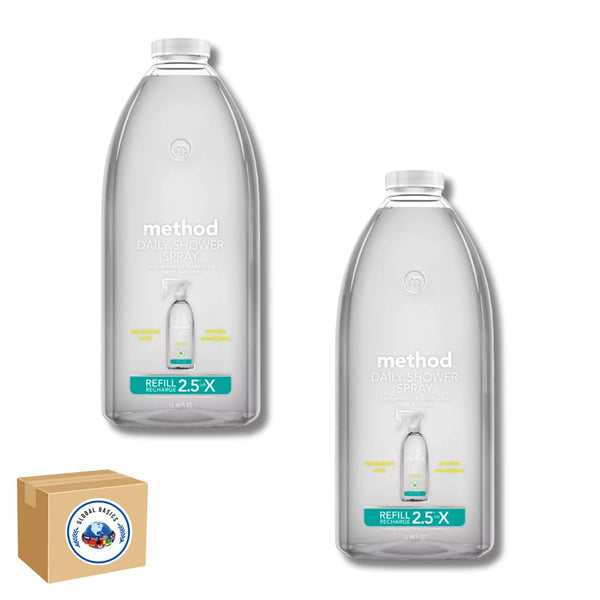 GLOBAL BASICS Method Daily Shower Spray Refill Recharge | Refreshing Eucalyptus Mint Scent | 68 Fl Oz Per Bottle (2L) | Pack of 2 Bottles