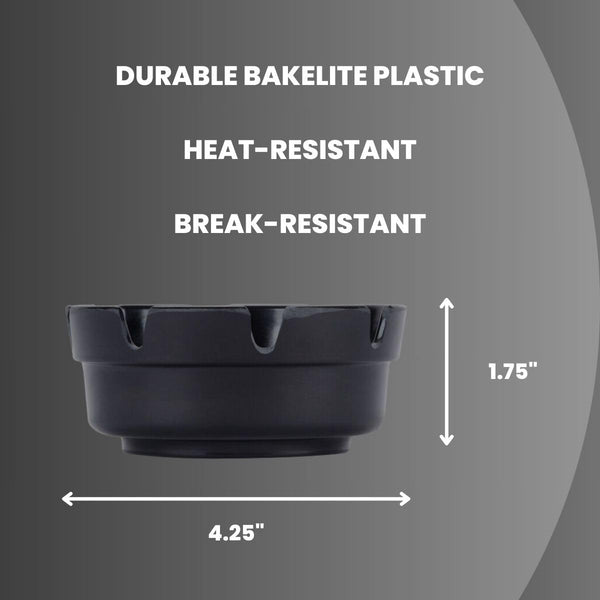Black Plastic Ashtray Bakelite Plastic Notched Ashtray | 4 ¼” With 1 ¾” Well | 4 Pack of Black Ashtrays (4)