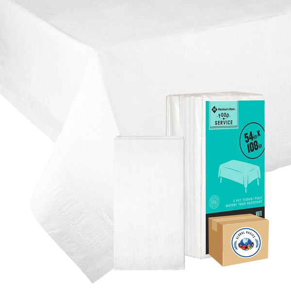 GLOBAL BASICS White 3-Ply Tissue Disposable Tablecovers | 54" x 108" | 1 Pack of 5 Rectangular White Tablecovers (10)