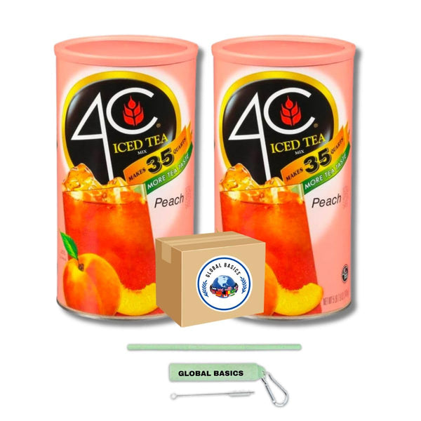 Global Basics 4C Iced Tea Lemon Flavored Powdered Drink Mix | Pack of 2 | 82.6 oz Per Canister - 165.2 oz TOTAL | Includes A Global Basics Reusable Straw Set! (Lemon)
