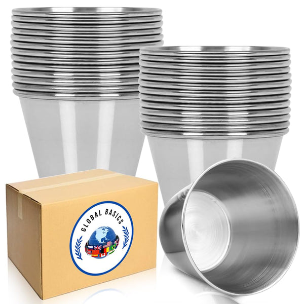 GLOBAL BASICS Vaso de condimento de acero inoxidable de 1.5 onzas, 12 tazas de salsa redondas, capacidad de 1.5 onzas, 12 tazas en total (12, 1.5 onzas)
