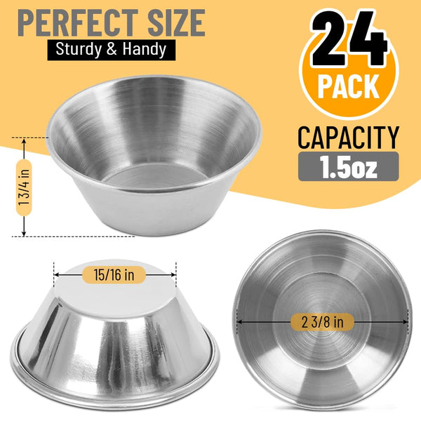 GLOBAL BASICS Vaso de condimento de acero inoxidable de 1.5 onzas, 12 tazas de salsa redondas, capacidad de 1.5 onzas, 12 tazas en total (12, 1.5 onzas)