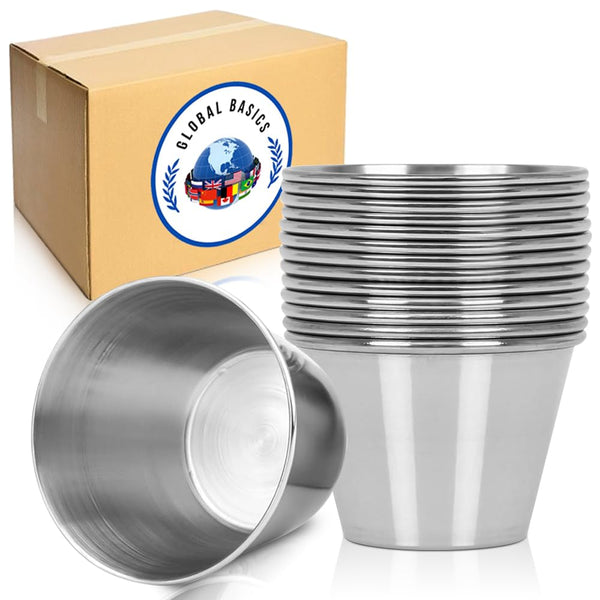 GLOBAL BASICS Vaso de condimento de acero inoxidable de 1.5 onzas, 12 tazas de salsa redondas, capacidad de 1.5 onzas, 12 tazas en total (12, 1.5 onzas)