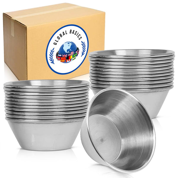 GLOBAL BASICS Vaso de condimento de acero inoxidable de 1.5 onzas, 12 tazas de salsa redondas, capacidad de 1.5 onzas, 12 tazas en total (12, 1.5 onzas)
