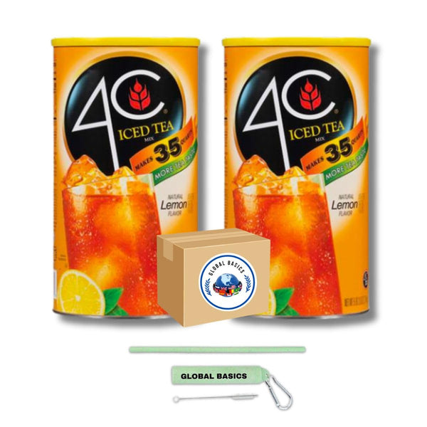 Global Basics 4C Iced Tea Lemon Flavored Powdered Drink Mix | Pack of 2 | 82.6 oz Per Canister - 165.2 oz TOTAL | Includes A Global Basics Reusable Straw Set! (Lemon)