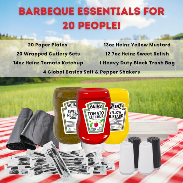 Cookout Party Supplies for 20 People - Includes Everything Needed to Host a Backyard Barbecue! Set Includes Cutlery, Ketchup, Mustard, Relish, Plates, Disposable Salt and Pepper Shakers, Trashbag.