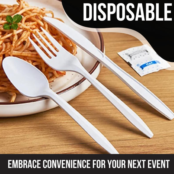 Global Basics Disposable Plastic Cutlery Packs | 125 Individually Wrapped White Plastic Cutlery Sets | Includes Knife, Fork, Spoon, Napkin and Salt & Pepper Packets | 125 Total (125, White Plastic)