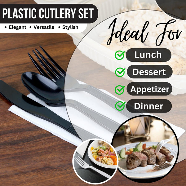 Global Basics Disposable Plastic Cutlery Packs | 125 Individually Wrapped White Plastic Cutlery Sets | Includes Knife, Fork, Spoon, Napkin and Salt & Pepper Packets | 125 Total (125, White Plastic)