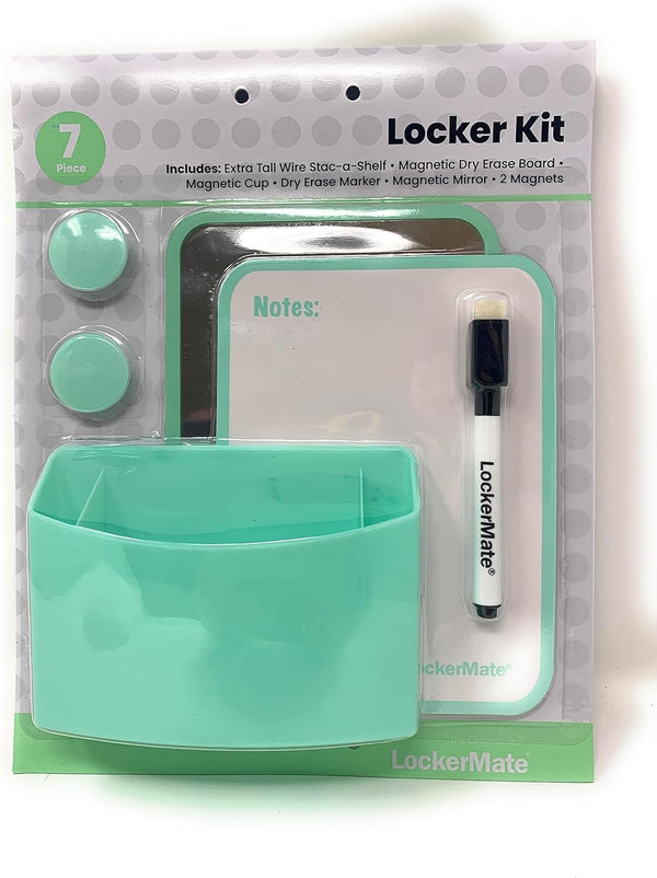 LockerMate 7 Piece Tall Wire Locker Kit with Magnets, Mirror, Dry Erase Board, Storage Cup, Dry Erase Marker School Supplies (Mist Green)