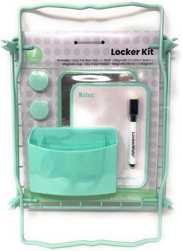 LockerMate 7 Piece Tall Wire Locker Kit with Magnets, Mirror, Dry Erase Board, Storage Cup, Dry Erase Marker School Supplies (Mist Green)