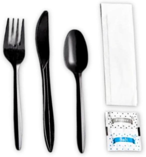 Global Basics Disposable Plastic Cutlery | Includes Knife, Fork, Spoon, Napkin and Salt & Pepper Packets