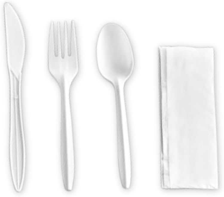 Disposable Plastic Cutlery Packs | 250 Individually Wrapped Black Plastic Cutlery Sets | Includes Knife, Fork, Spoon, and Napkin