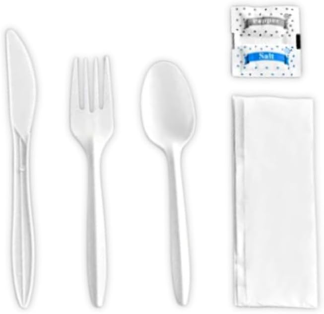 Global Basics Disposable Plastic Cutlery | Includes Knife, Fork, Spoon, Napkin and Salt & Pepper Packets