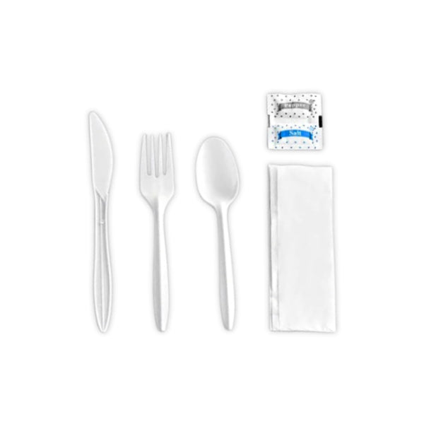 Global Basics Disposable Plastic Cutlery Packs | 125 Individually Wrapped White Plastic Cutlery Sets | Includes Knife, Fork, Spoon, Napkin and Salt & Pepper Packets | 125 Total (125, White Plastic)
