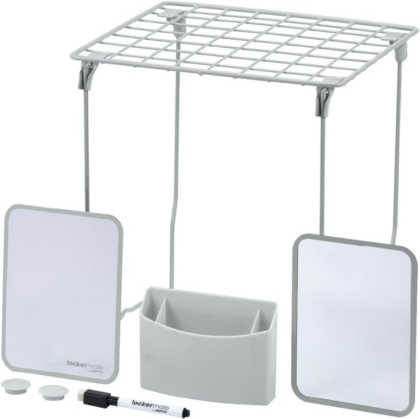 LockerMate by Bostitch 7-Piece Locker Organizer Kit, Includes Locker Shelf, Mirror, Whiteboard, Storage Cup & Dry Erase Marker - Gray