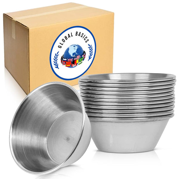 GLOBAL BASICS Vaso de condimento de acero inoxidable de 1.5 onzas, 12 tazas de salsa redondas, capacidad de 1.5 onzas, 12 tazas en total (12, 1.5 onzas)