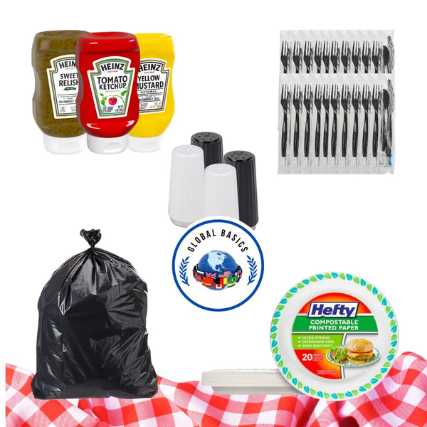 Cookout Party Supplies for 20 People - Includes Everything Needed to Host a Backyard Barbecue! Set Includes Cutlery, Ketchup, Mustard, Relish, Plates, Disposable Salt and Pepper Shakers, Trashbag.