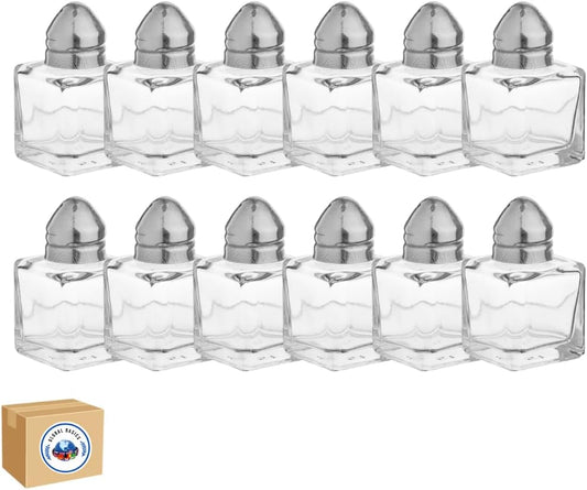 Global Basics Mini Salt and Pepper Shakers | 0.5-oz Glass Cube Style w/ Stainless Steel Lid | Set of 12 Individual, Clear, Travel Salt & Pepper Shakers.
