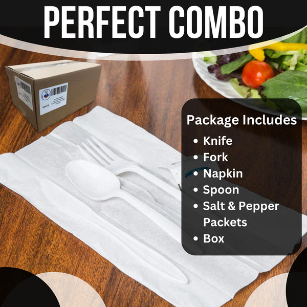 Global Basics Disposable Plastic Cutlery Packs | 125 Individually Wrapped White Plastic Cutlery Sets | Includes Knife, Fork, Spoon, Napkin and Salt & Pepper Packets | 125 Total (125, White Plastic)