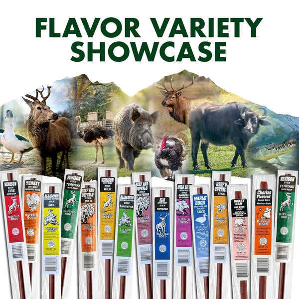 Buffalo Bob's Wild Game Meat Snacks (1oz Stick, 15 Pack) Exotic Variety Assortment Sampler, Gift for Men/Dad, Stocking Stuffer, Adventure Enthusiast