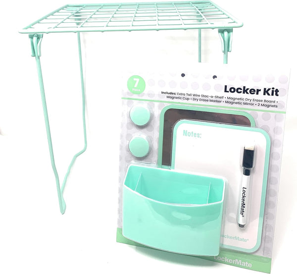 LockerMate 7 Piece Tall Wire Locker Kit with Magnets, Mirror, Dry Erase Board, Storage Cup, Dry Erase Marker School Supplies (Mist Green)