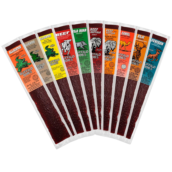 Buffalo Bob's Exotic Jerky (10-Pack), 10 Flavor Variety Pack of Exotic Snacks, Wild Game Jerky, Exotic Beef Jerky Gifts for Men