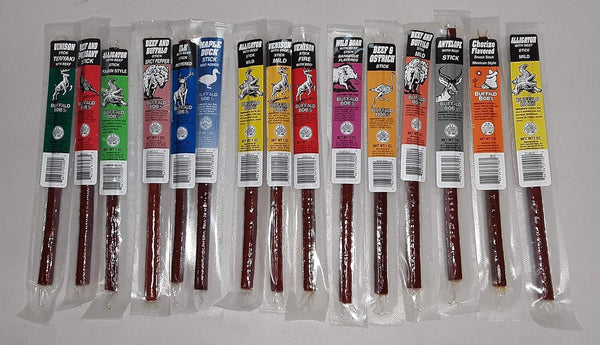 Buffalo Bob's 15 Piece Exotic Game Snack Sticks | California Legal | Alligator Antelope Elk Buffalo Duck Ostrich Turkey Venison Wild Boar Gift Pack